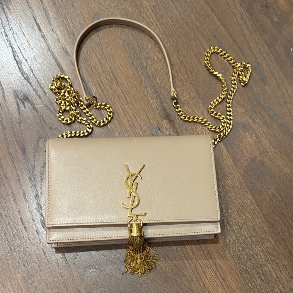 Yves Saint Laurent Nude Kate Leather Clutch with Gold Chain